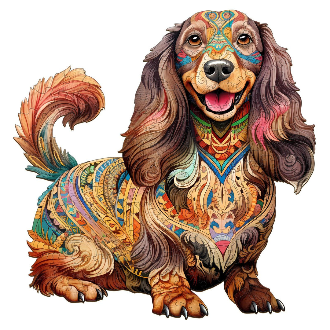 Colorful Long-haired Dachshund wooden jigsaw puzzle featuring intricate patterns and joyful expression.