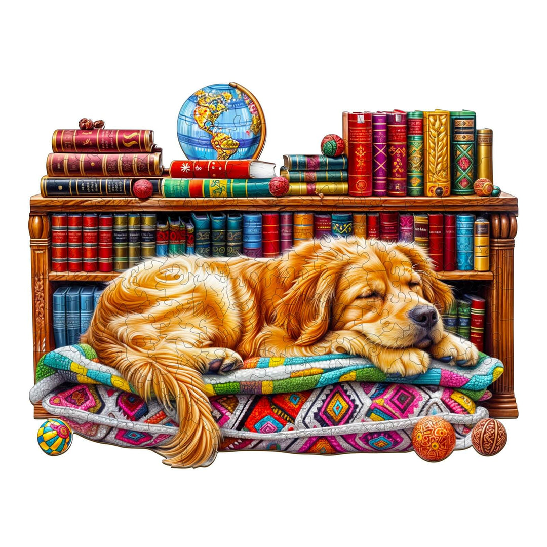 Sleeping Golden Retriever resting on a cozy blanket next to a bookshelf full of colorful books and a globe.