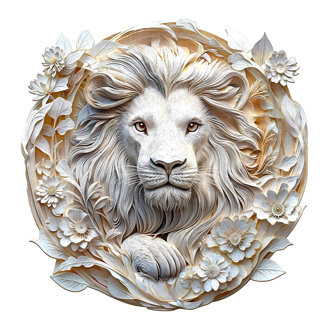 3D wooden lion puzzle showcasing intricate paper art with floral details and geometric design elements.