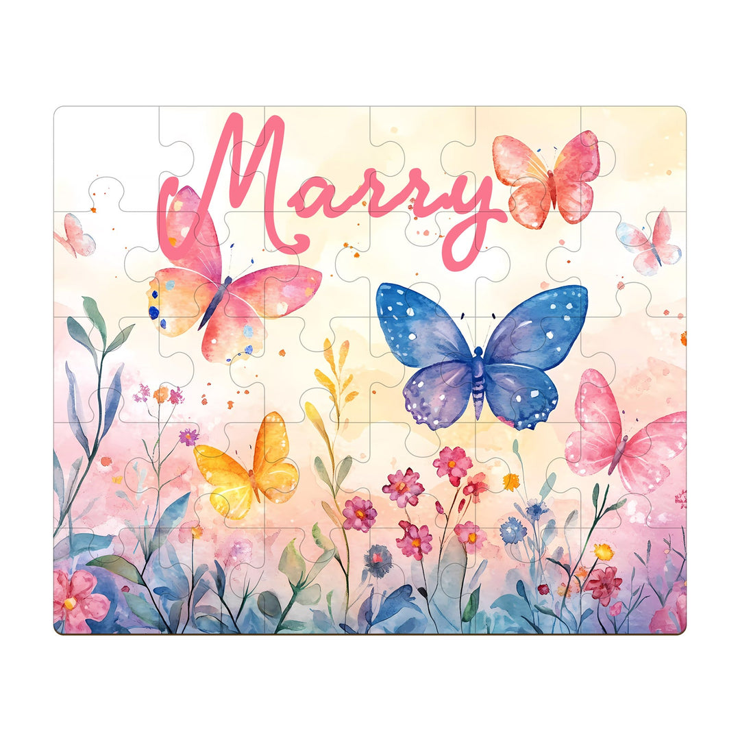 Custom wooden jigsaw puzzle featuring butterflies and flowers, personalized with the name Marry.