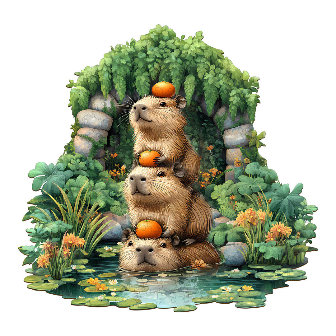 Three capybaras stacked with pumpkins in a serene pond surrounded by lush greenery, perfect for puzzle enthusiasts.