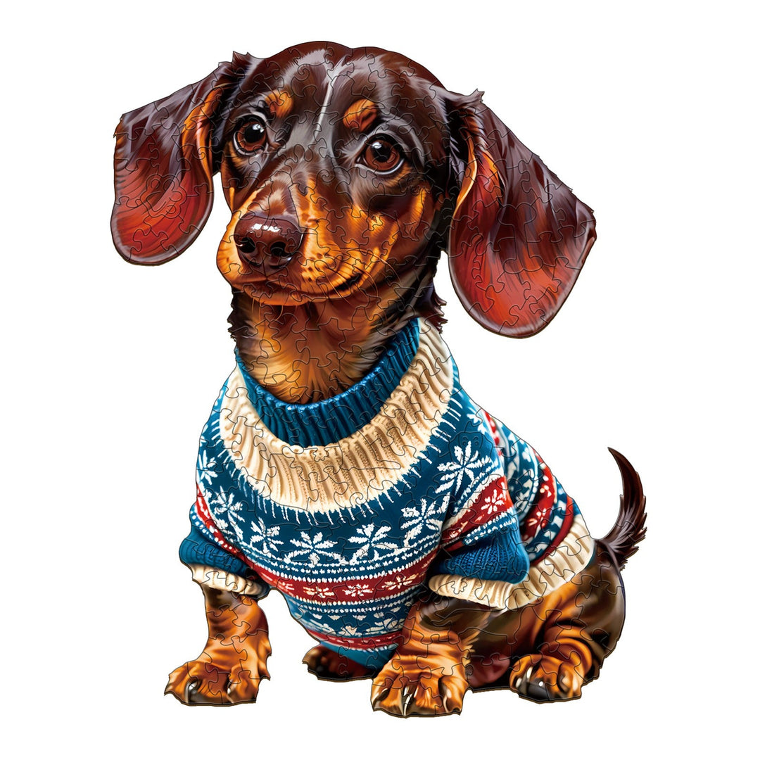 Trendy Dachshund wooden jigsaw puzzle featuring a cute dog in a colorful sweater, designed for brain-boosting fun.