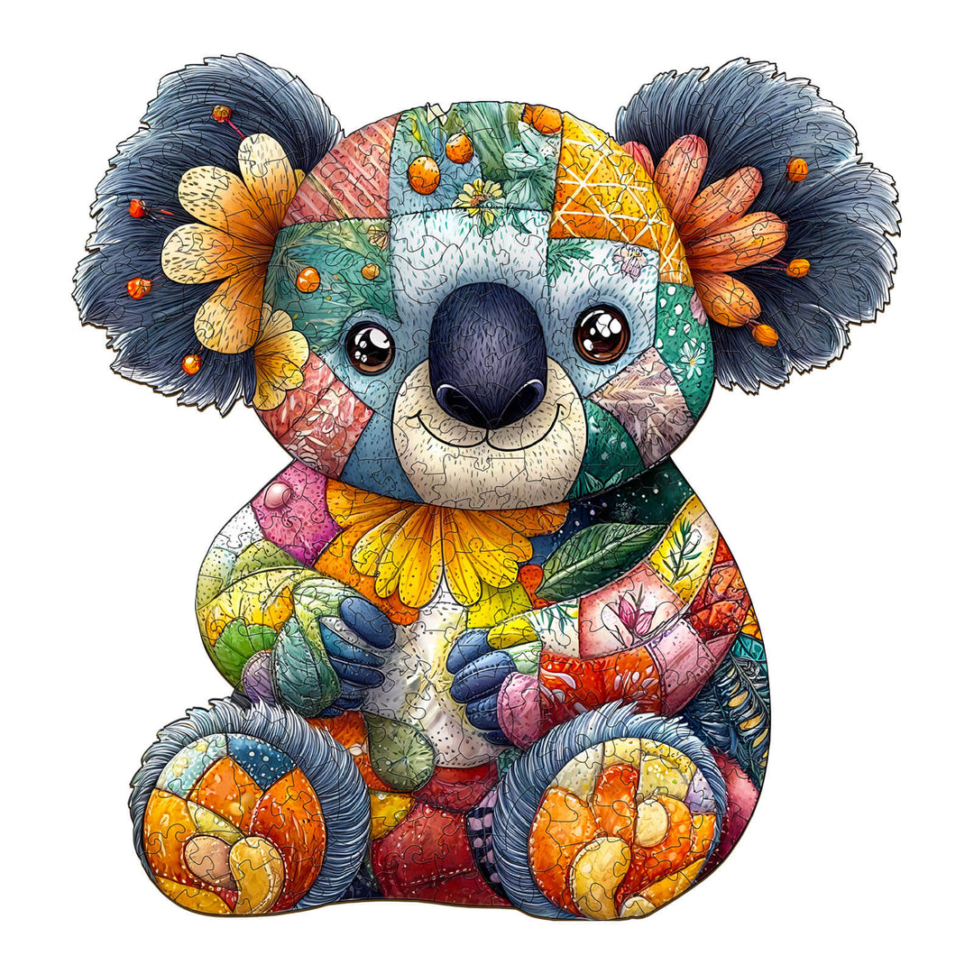 Colorful patchwork koala wooden jigsaw puzzle, perfect for enhancing focus and cognitive skills through play.
