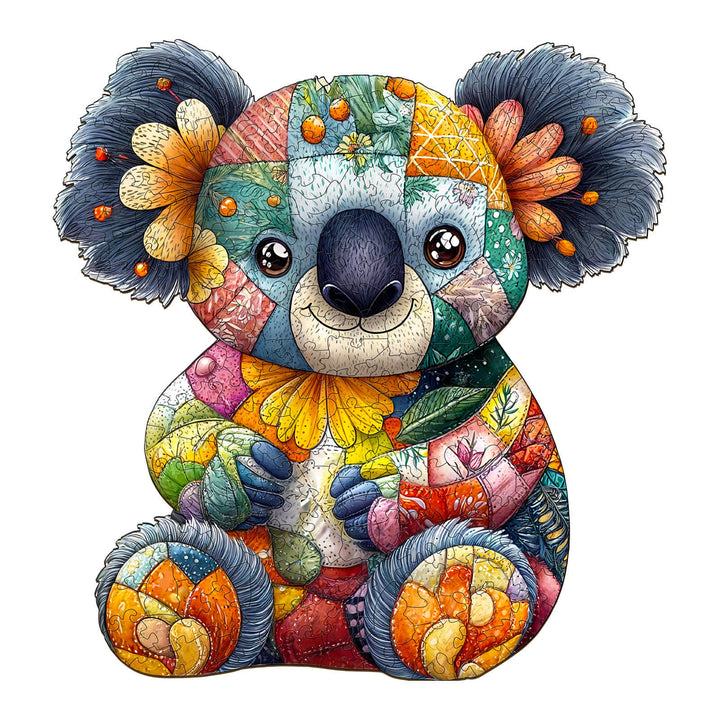 Colorful patchwork koala wooden jigsaw puzzle, perfect for enhancing focus and cognitive skills through play.