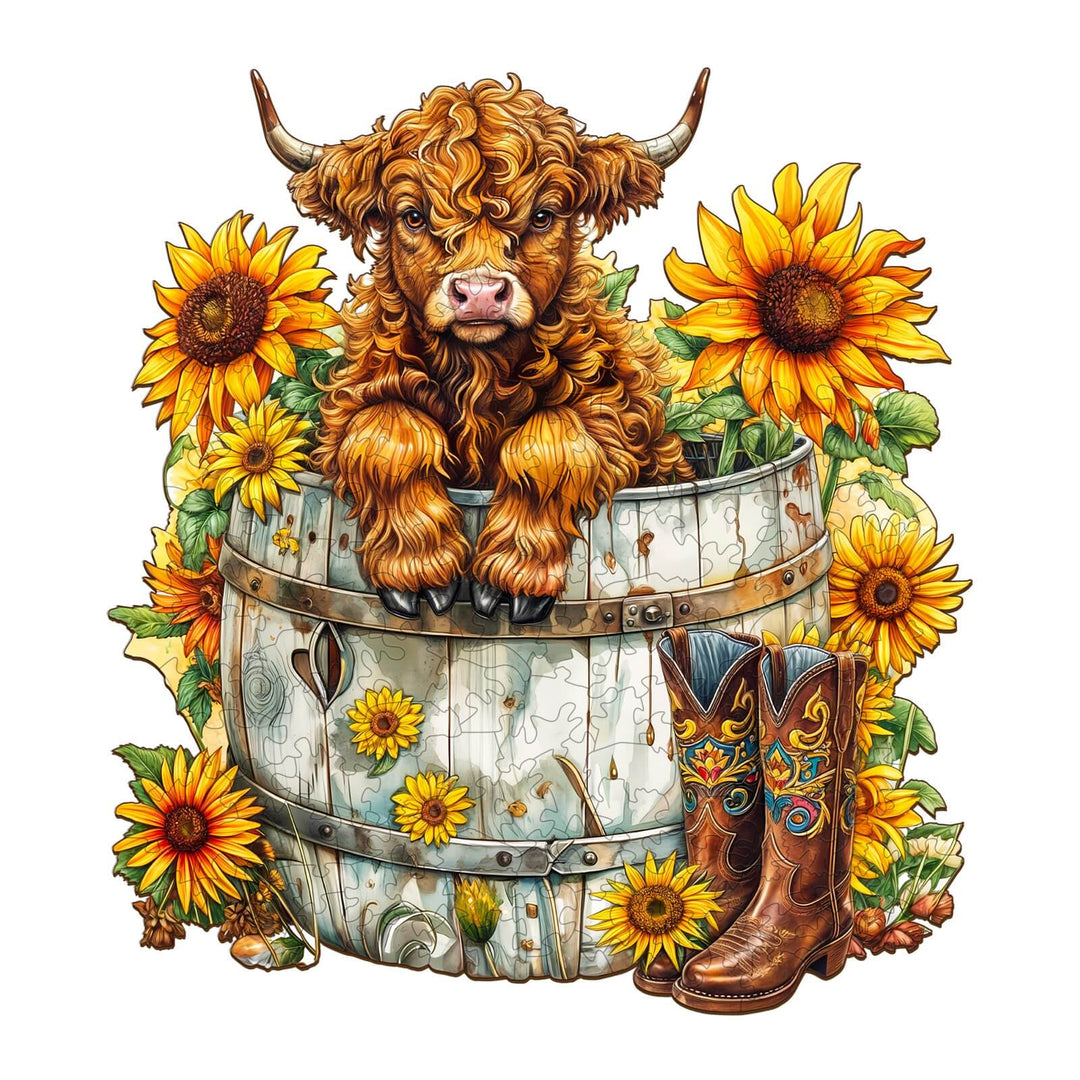 A playful highland calf peeks out from a barrel surrounded by sunflowers and cowboy boots, perfect for puzzle lovers.