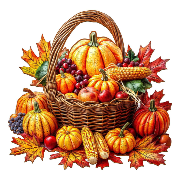 Autumn wooden jigsaw puzzle featuring a basket of pumpkins, grapes, and colorful leaves, perfect for mind games and focus.
