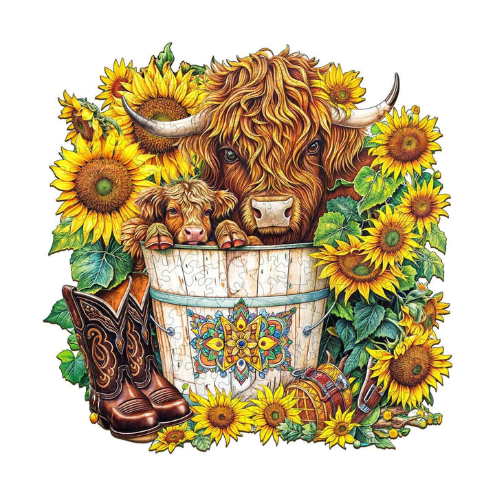 Sunflower Pasture wooden jigsaw puzzle featuring a cow and calf surrounded by sunflowers and country boots.