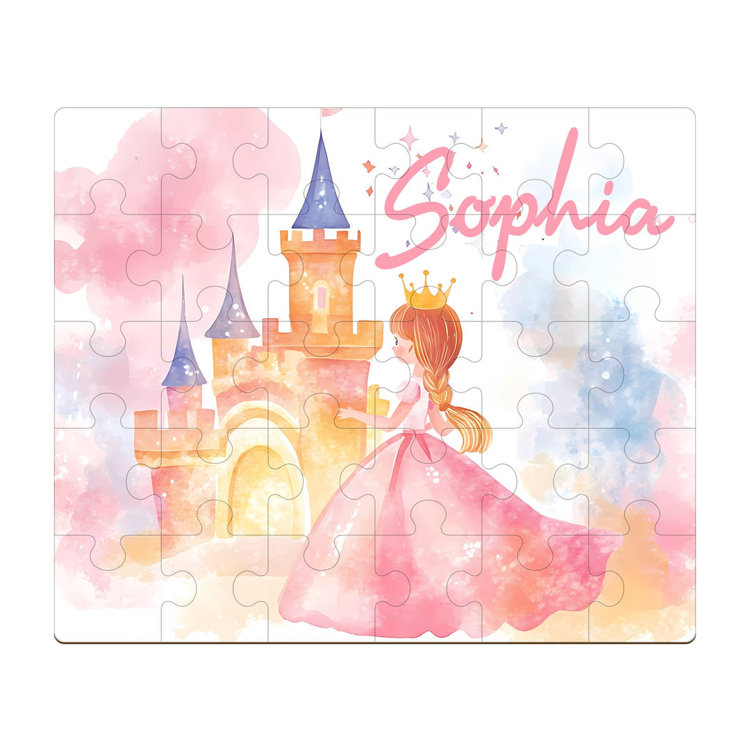 Custom wooden jigsaw puzzle featuring a princess and castle, personalized with the name Sophia.