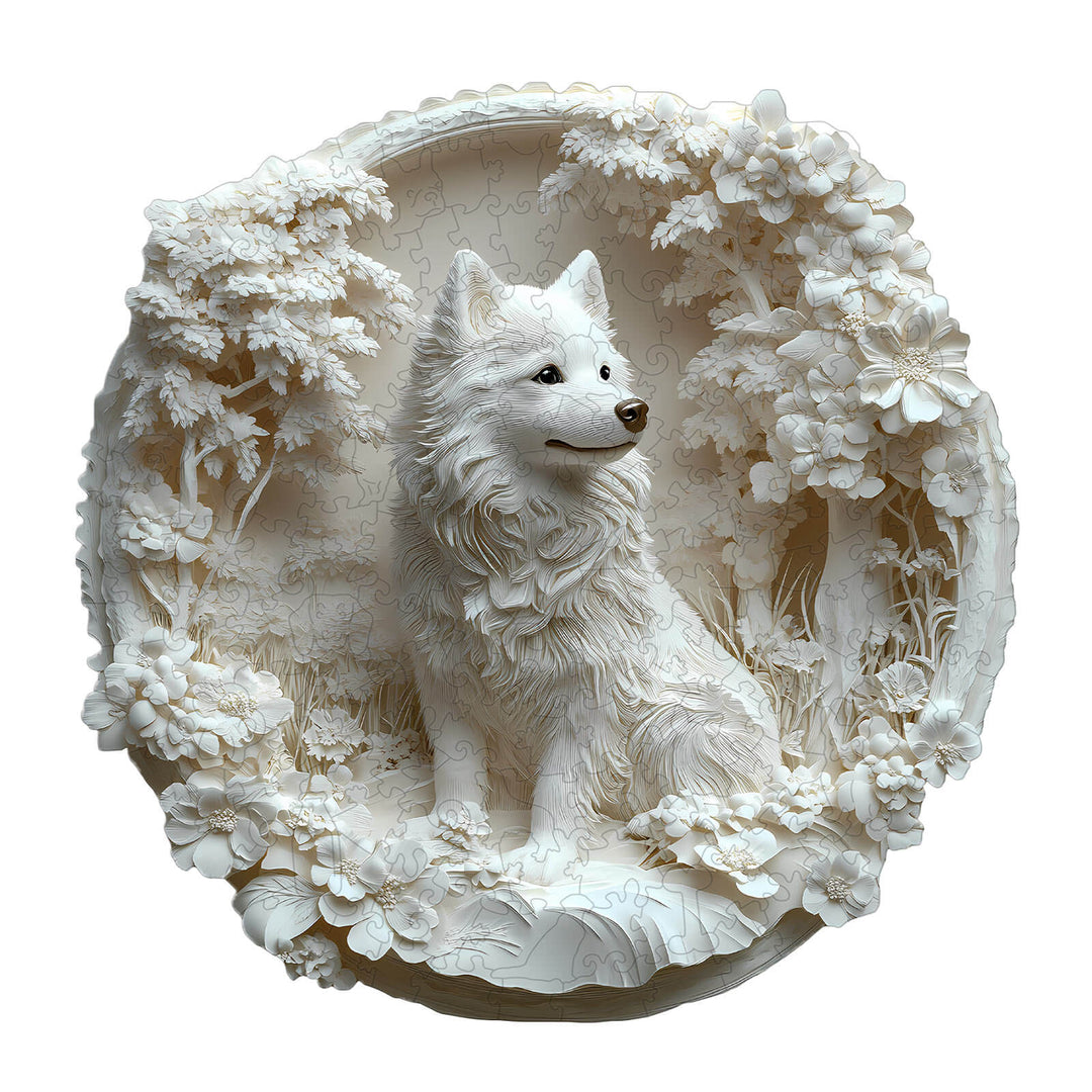 3D Paper Samoyed Wooden Jigsaw Puzzle featuring a sculpted white Samoyed dog surrounded by floral details.