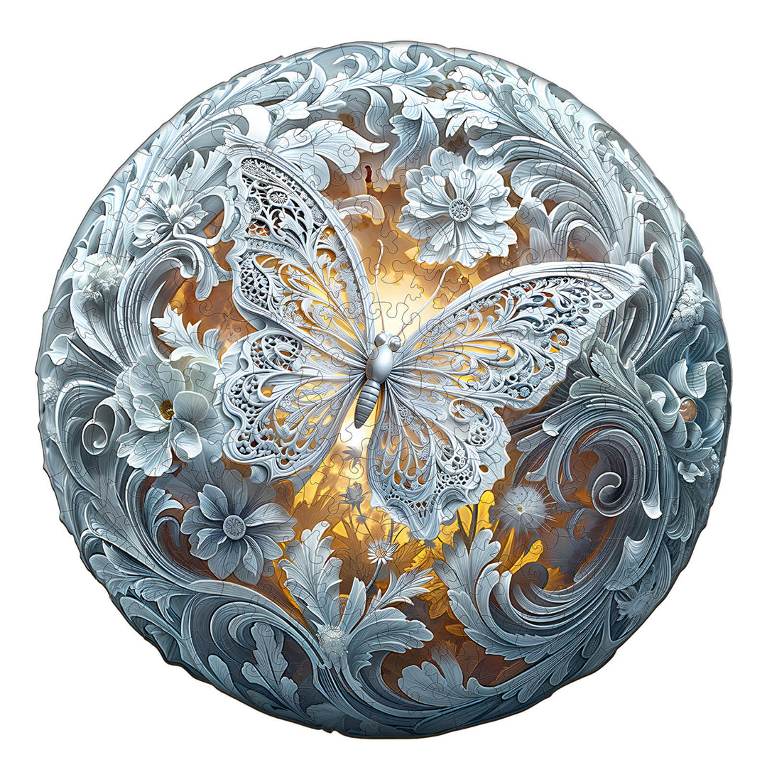 Celestial Wings Wooden Jigsaw Puzzle featuring intricate butterfly and floral design, ideal for enhancing focus and cognitive skills.