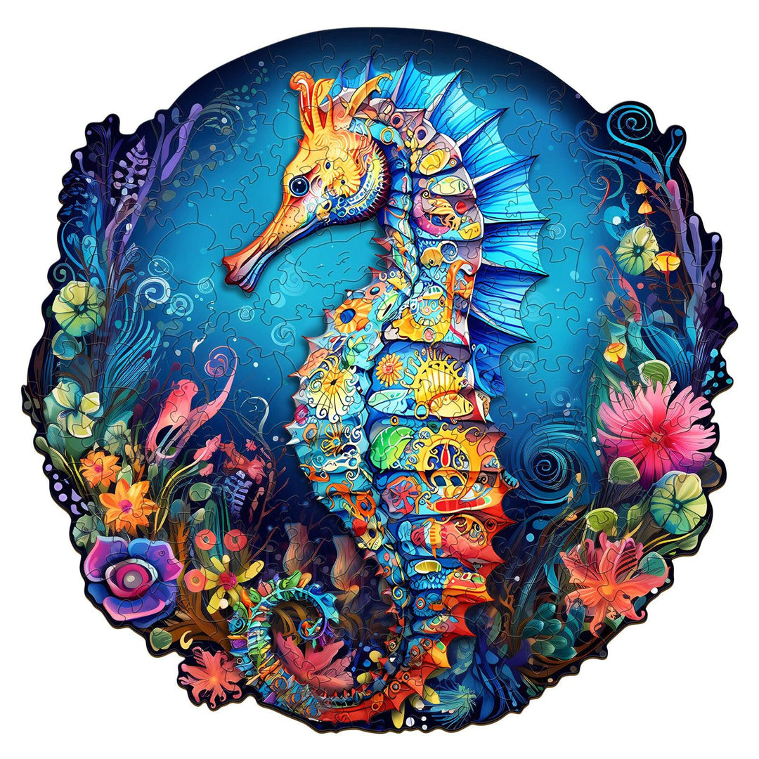 Colorful Seahorse-2 wooden jigsaw puzzle representing vibrant marine life, suitable for kids aged 8 and up.