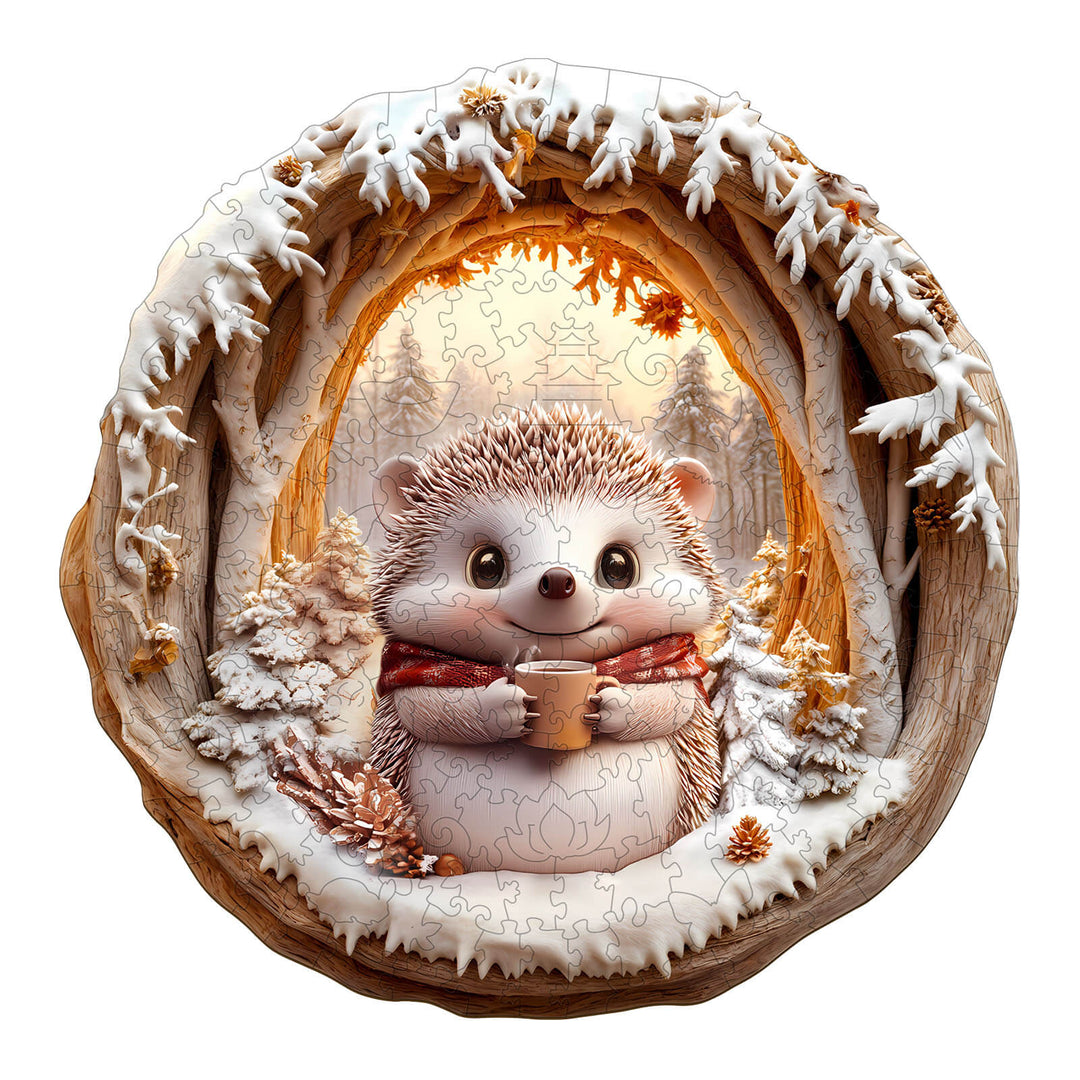 3D Cave Hedgehog wooden jigsaw puzzle featuring a playful hedgehog enjoying a cozy winter scene.