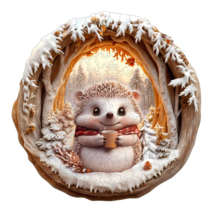 3D Cave Hedgehog wooden jigsaw puzzle featuring a playful hedgehog enjoying a cozy winter scene.