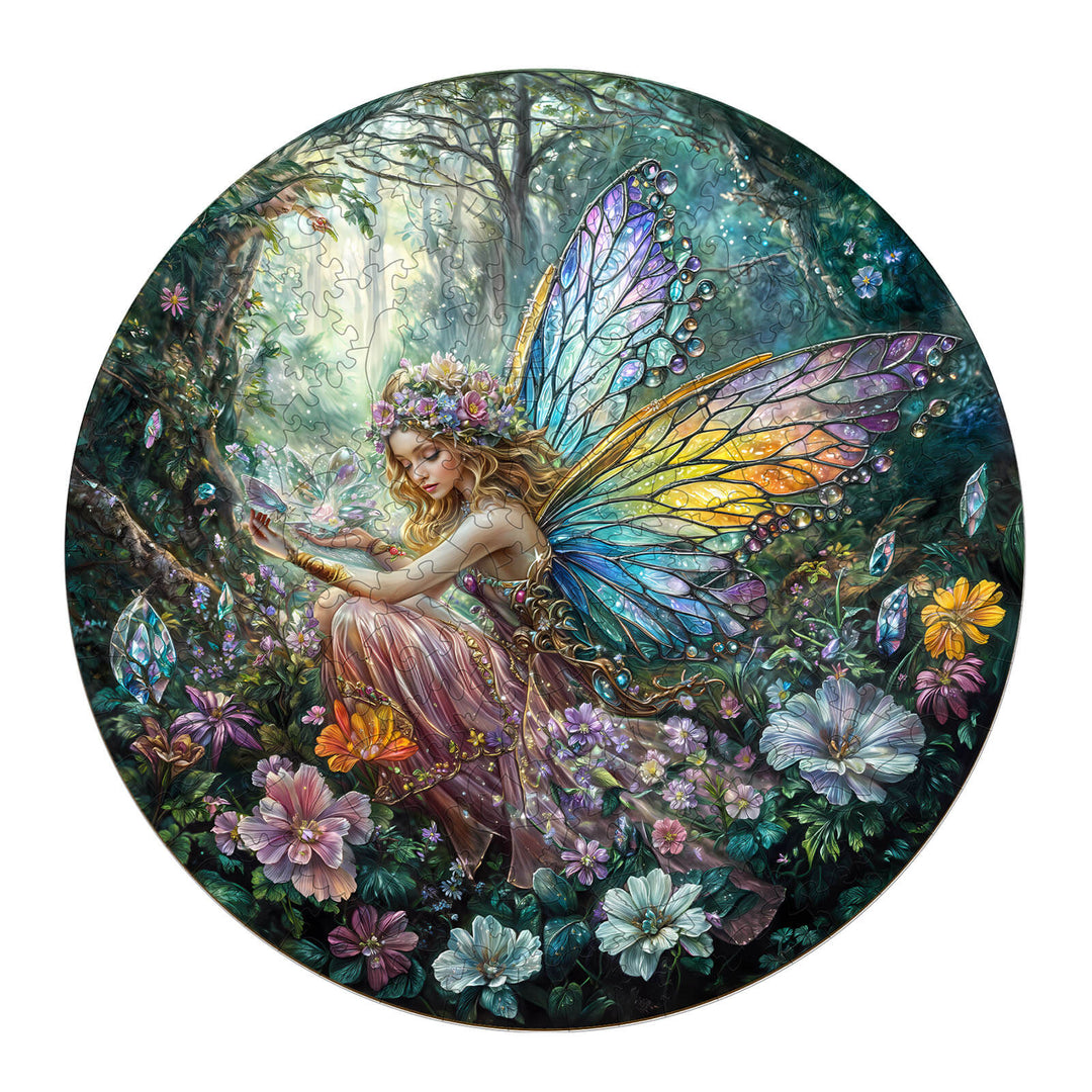 Magic Fairy wooden jigsaw puzzle featuring a colorful fairy amidst vibrant flowers and crystals in a mystical forest setting.