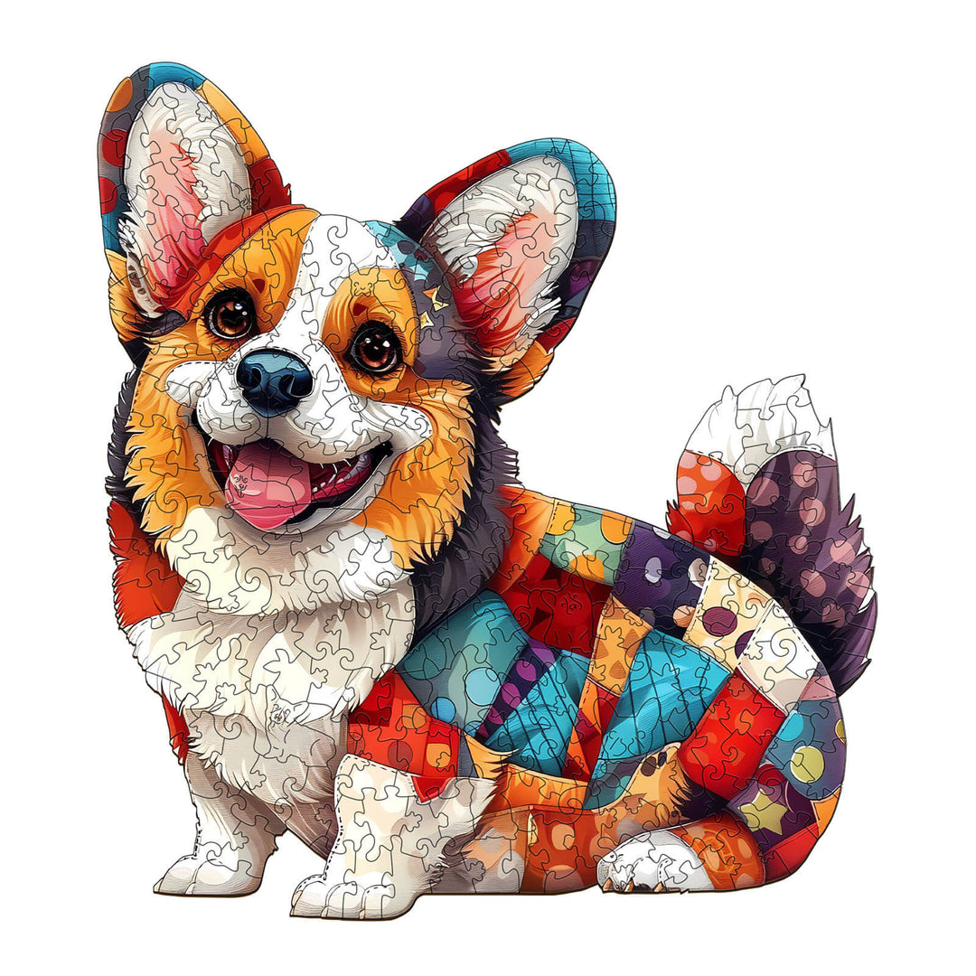 Colorful patchwork Corgi wooden jigsaw puzzle, perfect for enhancing focus and cognitive skills.