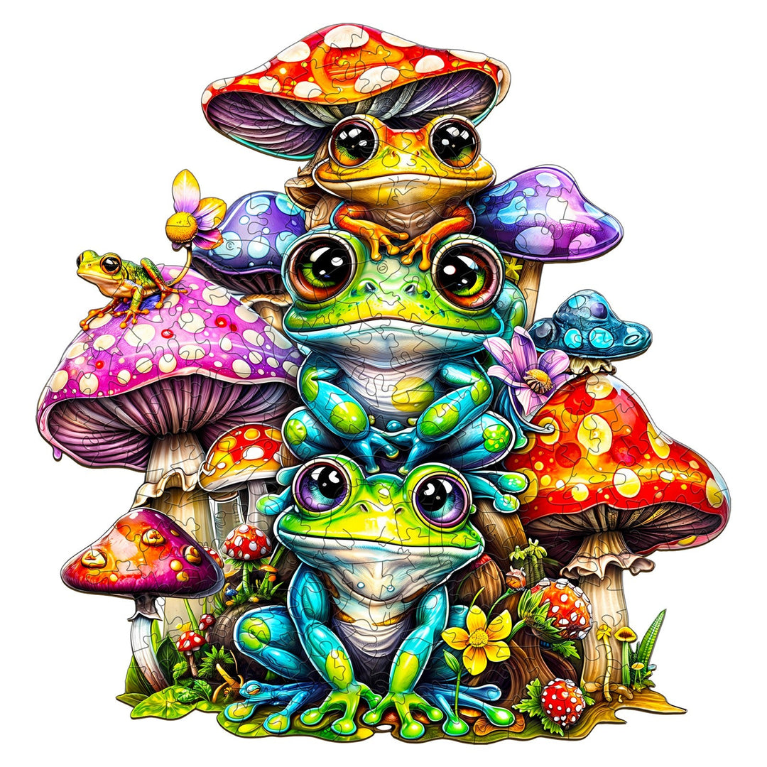 Colorful frog family jigsaw puzzle featuring vibrant mushrooms and intricate designs in a whimsical arrangement.