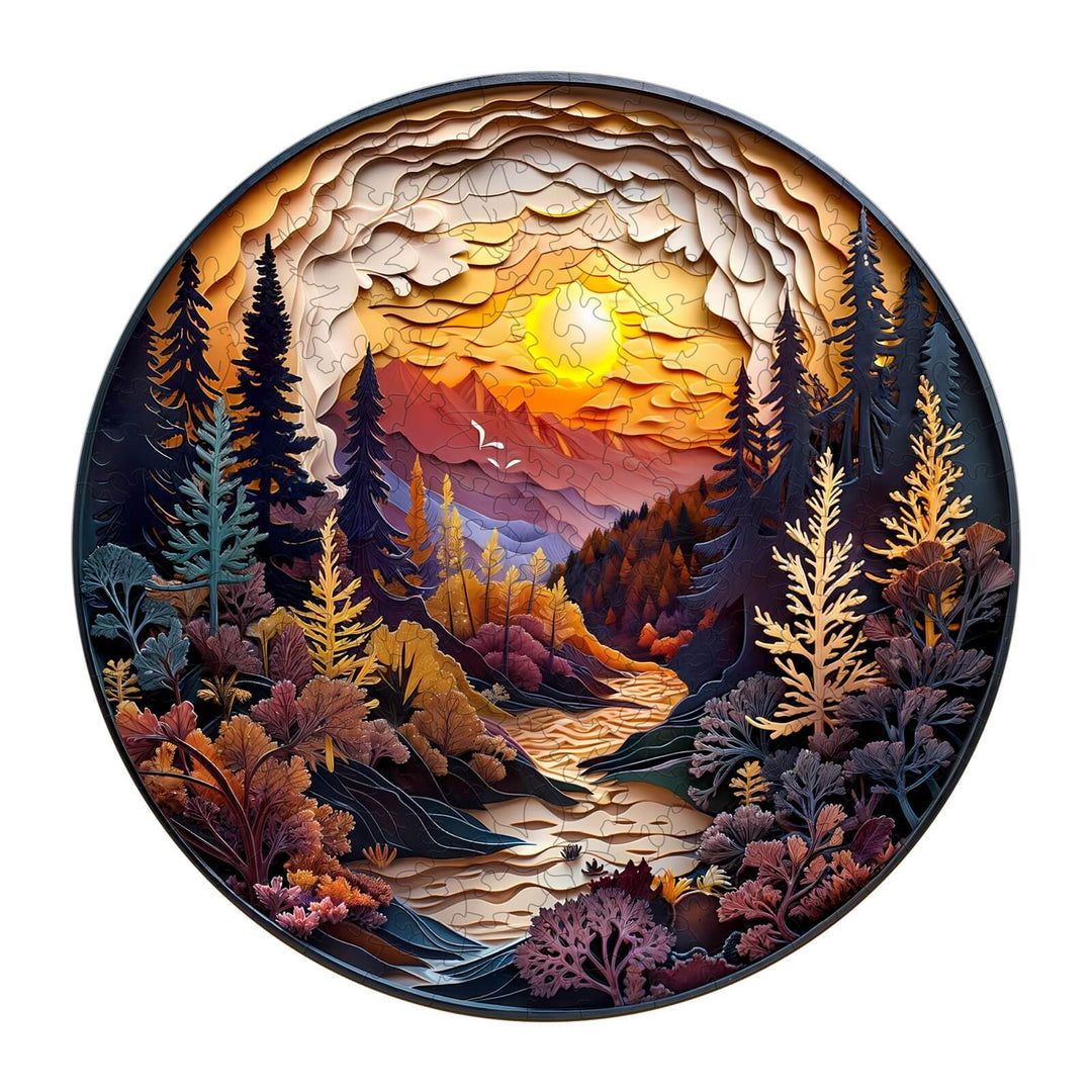 3D Sunset Forest Wooden Jigsaw Puzzle featuring vibrant colors and intricate layers of trees and mountains.