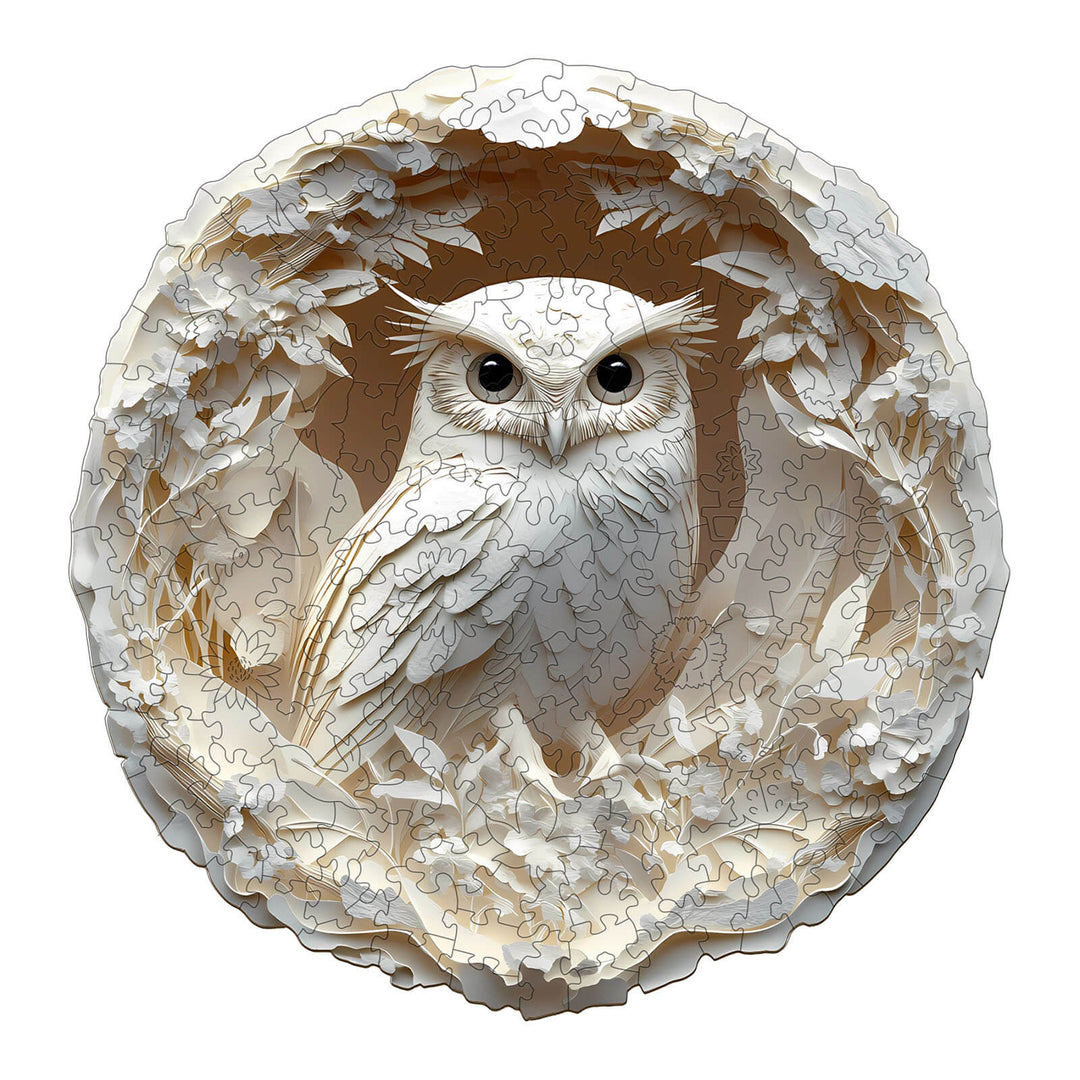 3D Paper Carved Owl Wooden Jigsaw Puzzle featuring intricate floral details and a focused owl illustration.