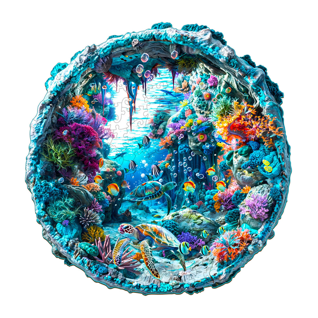 Vibrant 3D Seabed Wooden Jigsaw Puzzle featuring colorful fish and coral in an underwater scene.