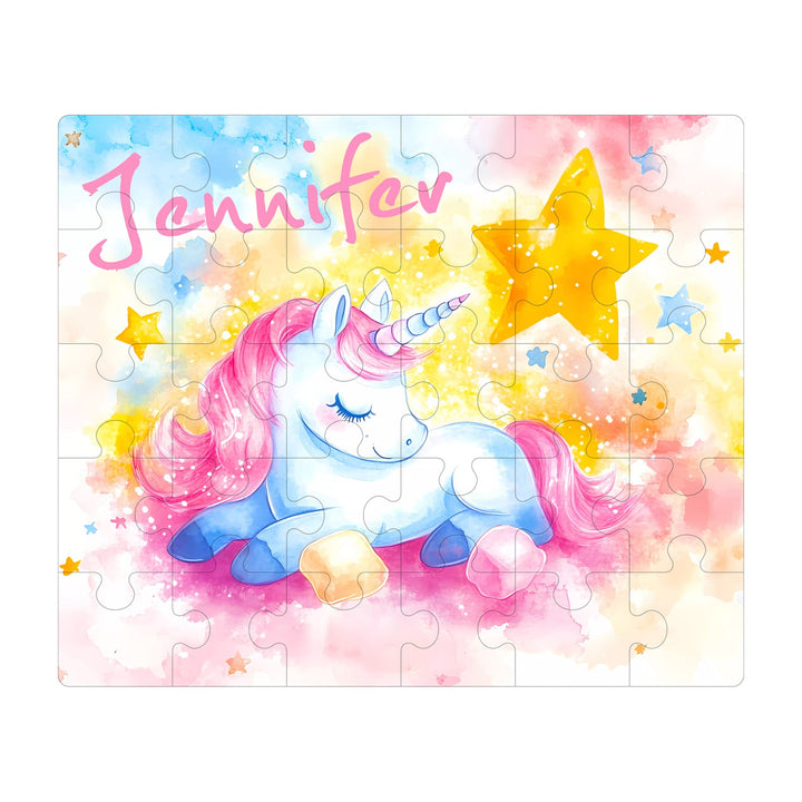 Personalized wooden jigsaw puzzle featuring a sleeping unicorn and the name Jennifer, designed for children.