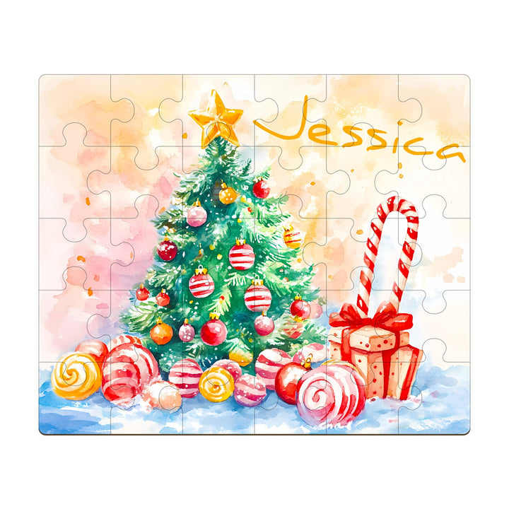 Personalized wooden jigsaw puzzle with Christmas tree, candy canes, and sweets, custom for Jessica.