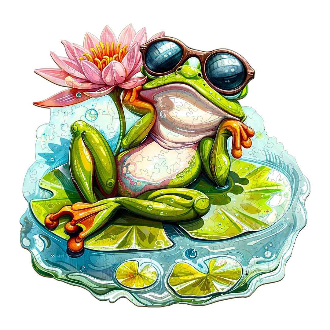 Leisurely Frog-1 wooden jigsaw puzzle featuring a cool frog on a lily pad, promoting focus and mental agility.