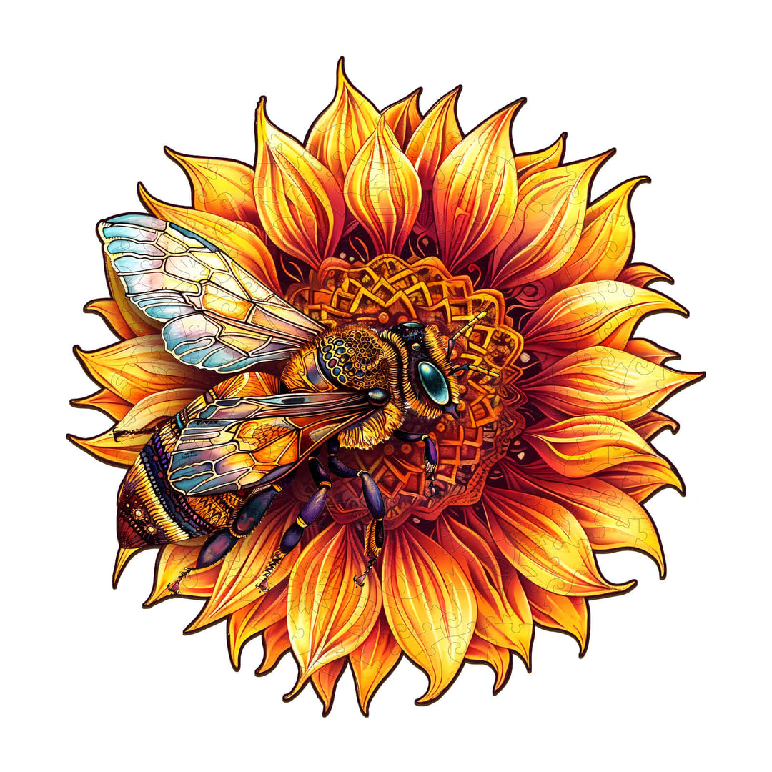 Bee perched on vibrant sunflower, showcasing colorful petals and intricate details in a wooden jigsaw puzzle design.