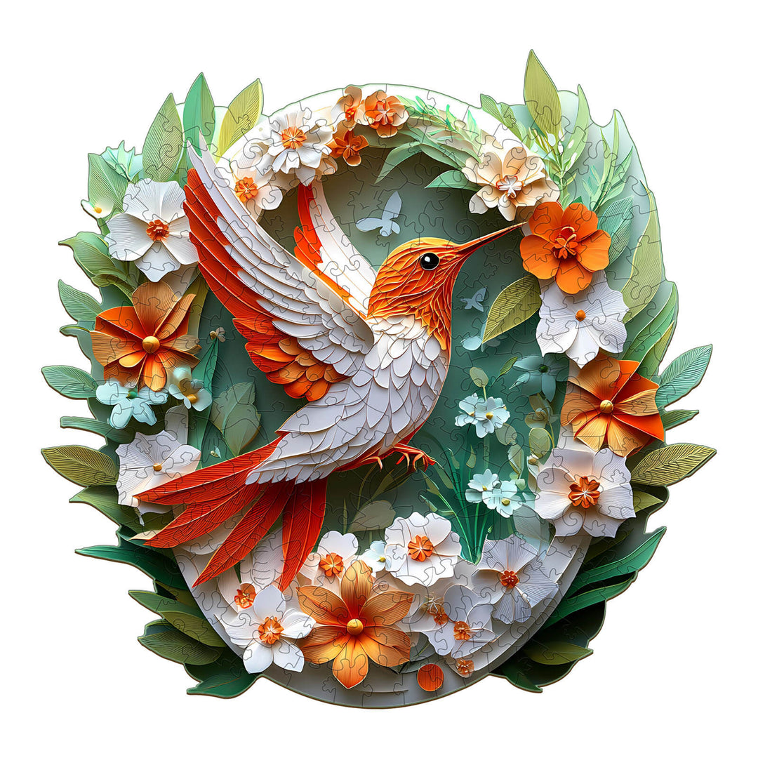 3D colored paper carving hummingbird wooden jigsaw puzzle surrounded by flowers, showcasing vivid colors and intricate details.