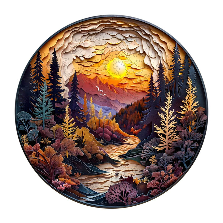 3D Sunset Forest Wooden Jigsaw Puzzle featuring vibrant colors and intricate layers of trees and mountains.