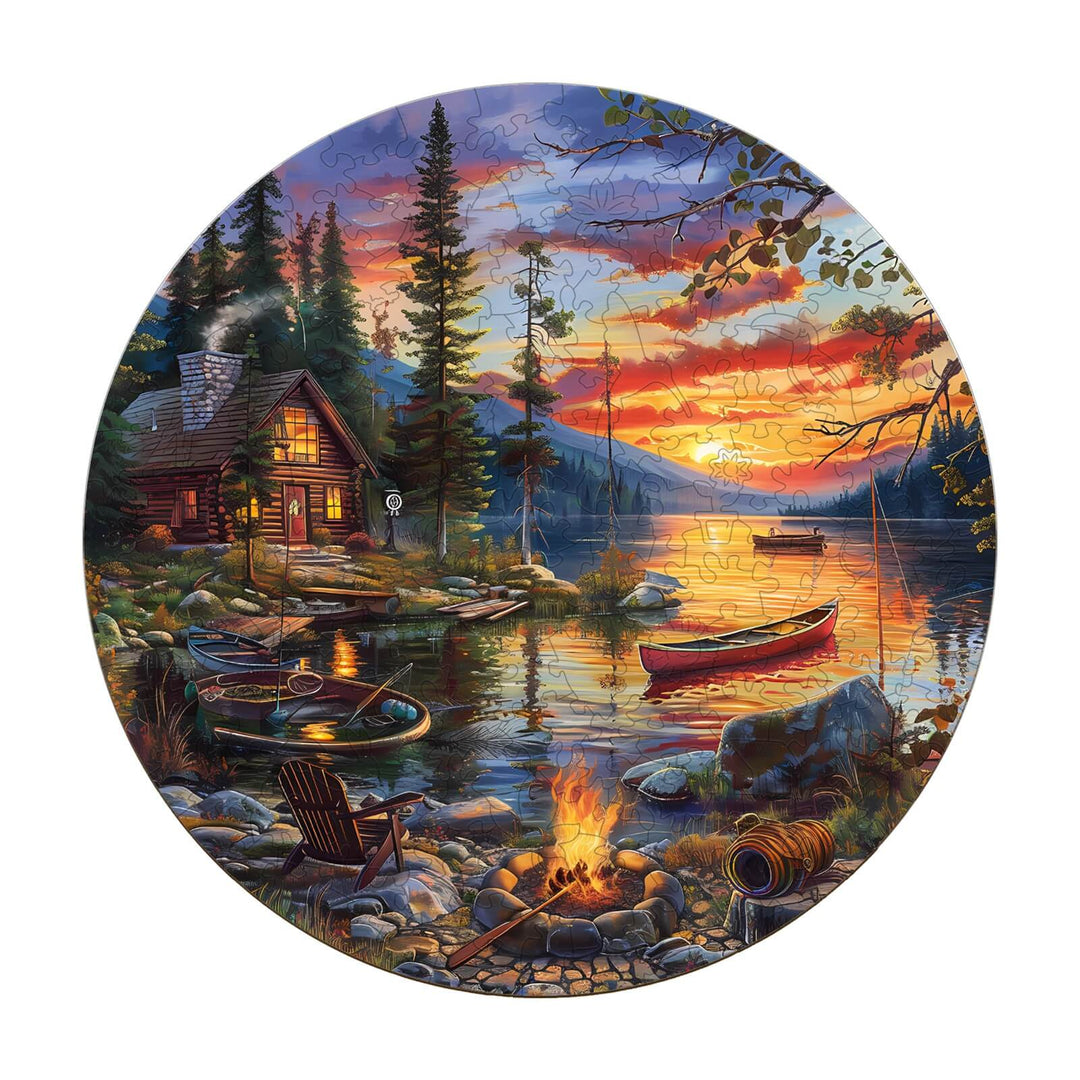 Canoe Lake-2 Wooden Jigsaw Puzzle showcasing a serene lake scene with a cabin, boats, and sunset, perfect for brain training.