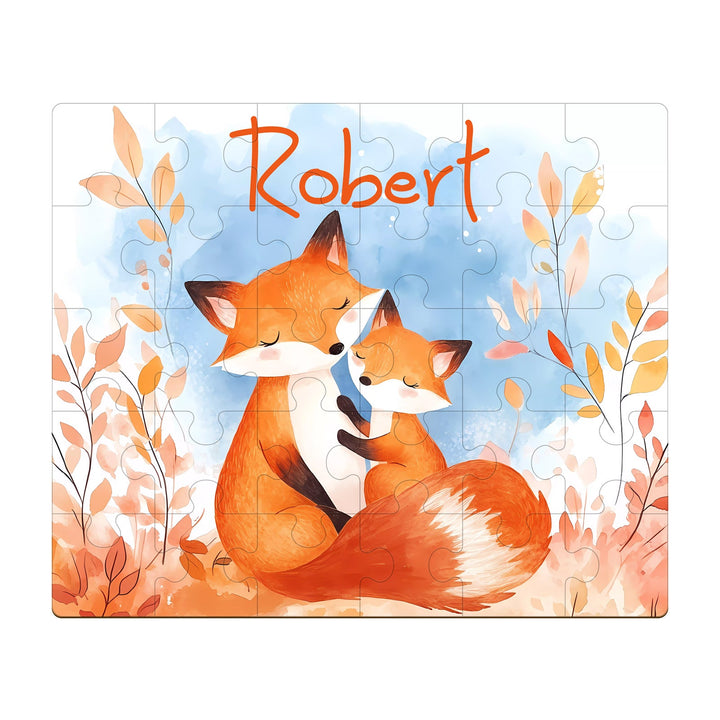 Custom wooden jigsaw puzzle featuring a mother fox and cub, personalized with the name Robert.