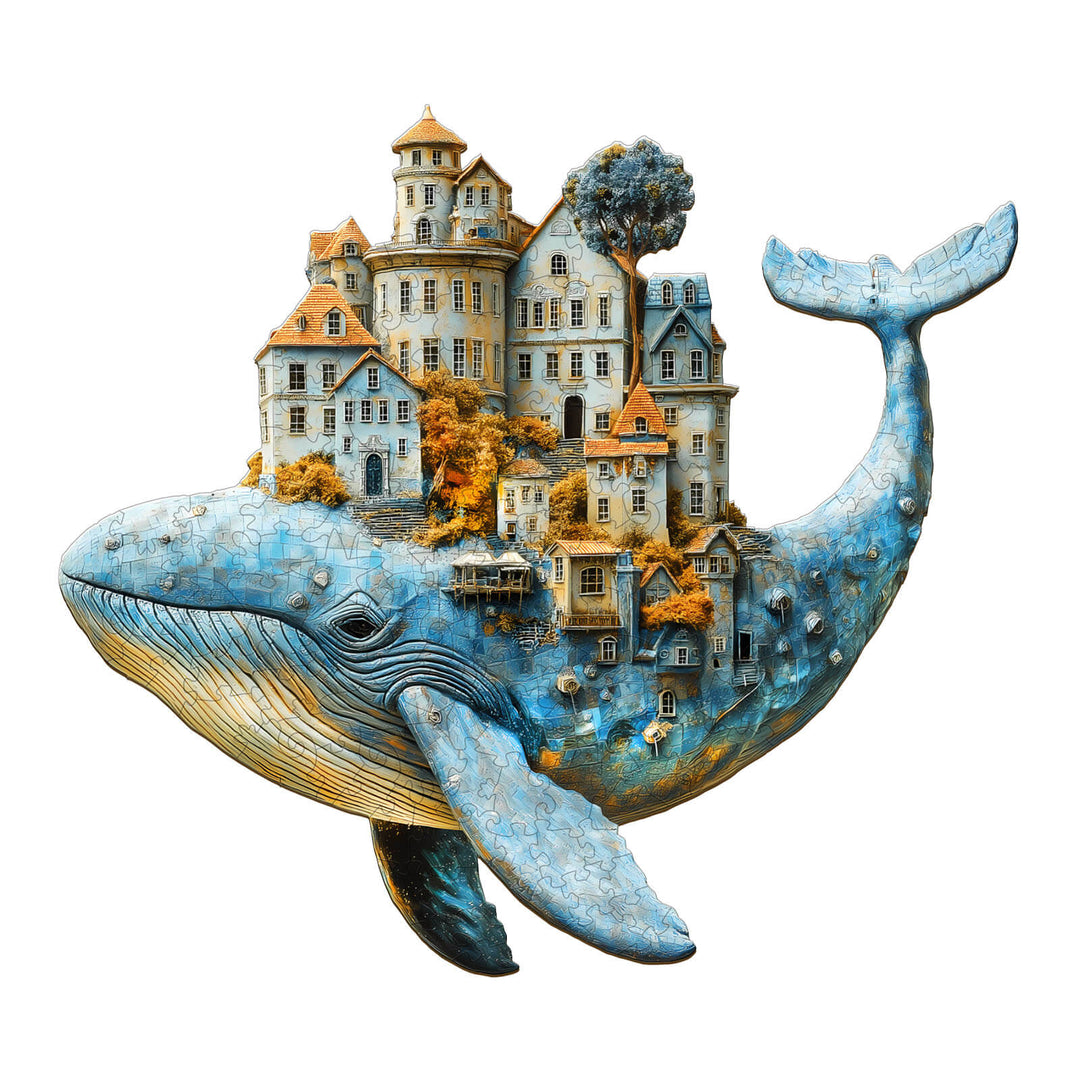 3D Whale City wooden jigsaw puzzle featuring a whale carrying a detailed cityscape on its back, promoting focus and mindfulness.