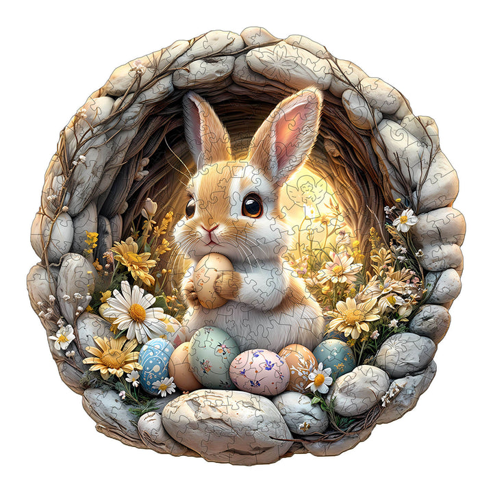 3D Cave Easter Bunny wooden jigsaw puzzle featuring a cute bunny with eggs and flowers, perfect for mind games and focus.