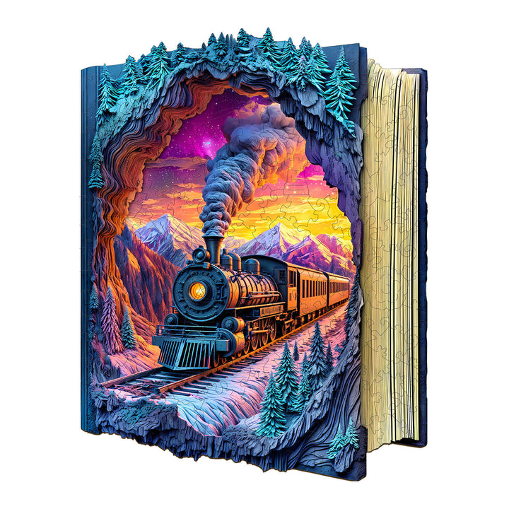 3D Aurora Train wooden jigsaw puzzle showcasing a vibrant mountain scene with a vintage steam train.