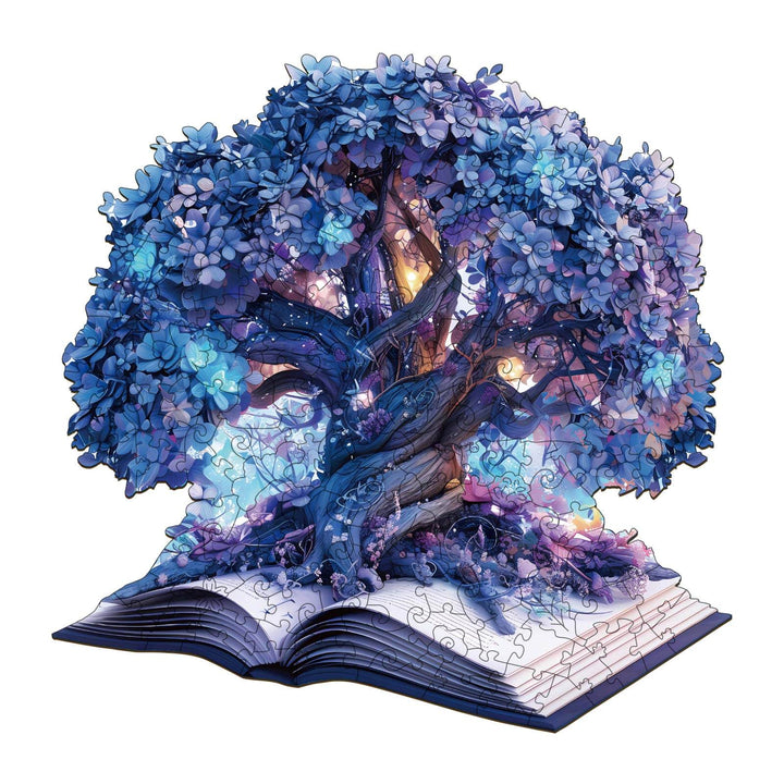 Colorful Magic Book Wooden Jigsaw Puzzle featuring an enchanting tree design, ideal for enhancing focus and mental skills.