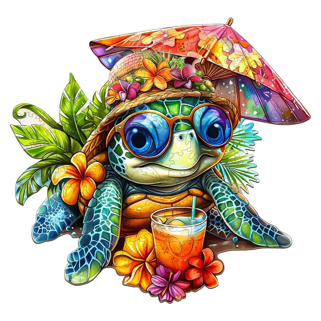 Colorful beach turtle wearing sunglasses and a hat, surrounded by flowers and a drink, perfect for a fun jigsaw puzzle.