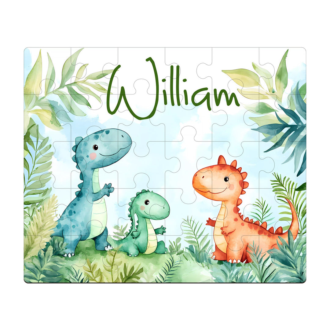 Personalized wooden dinosaur jigsaw puzzle with the name 'William' for children, featuring friendly dinosaurs in a lush background.