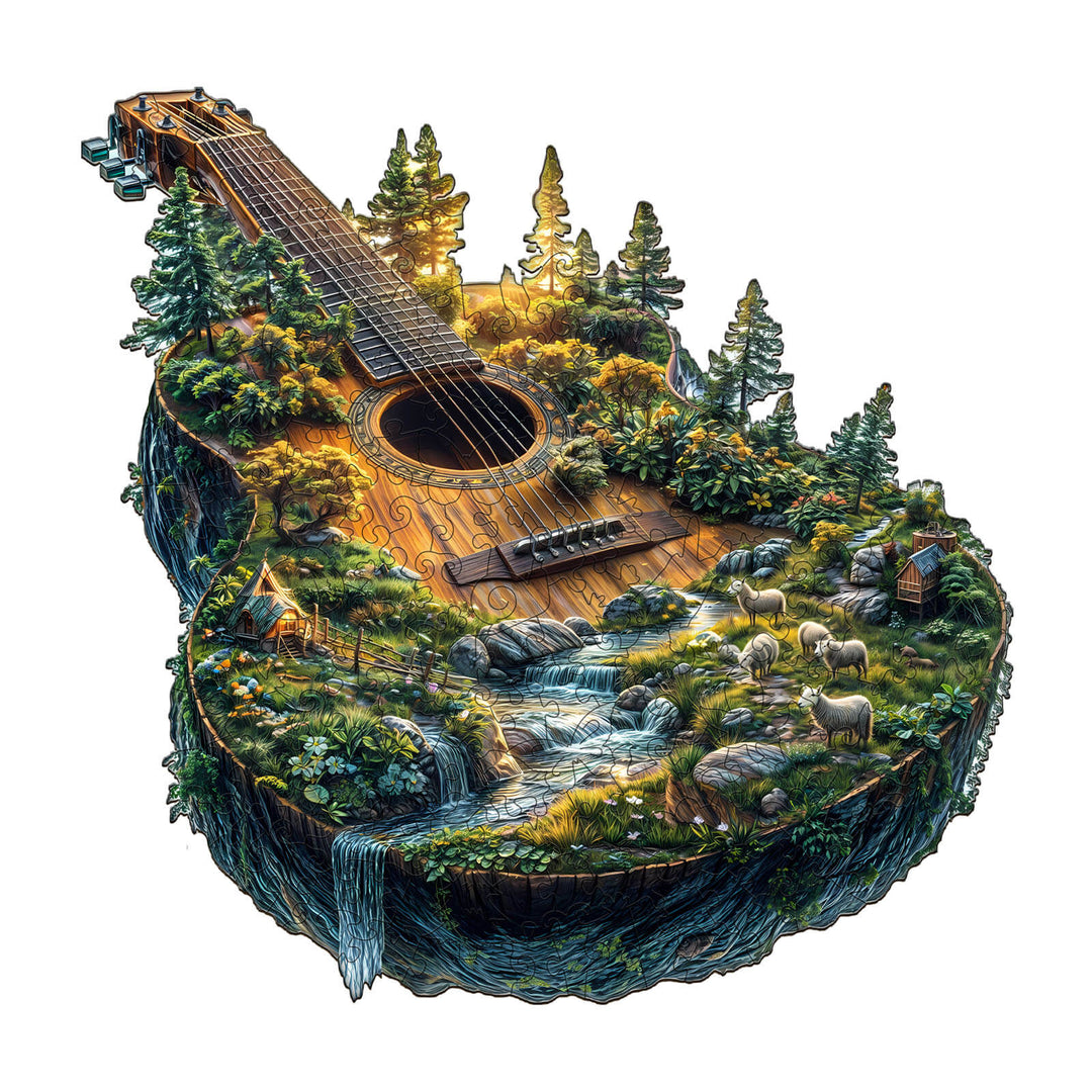 Forest guitar wooden jigsaw puzzle featuring vibrant landscape, trees, and a serene waterfall for mind games.