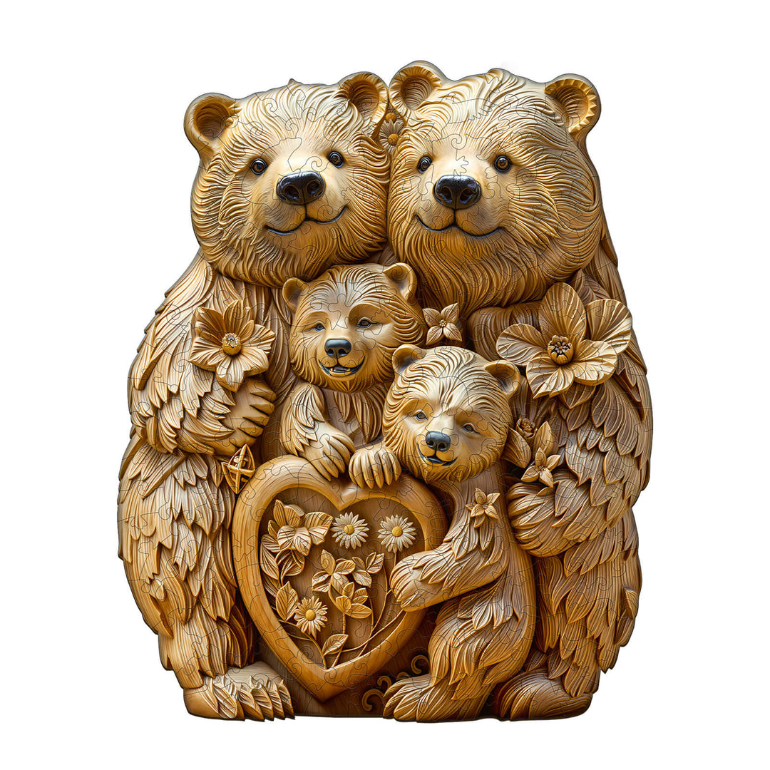 Wooden bear family jigsaw puzzle featuring a detailed, carved design with flowers and a heart, promoting focus and fun.