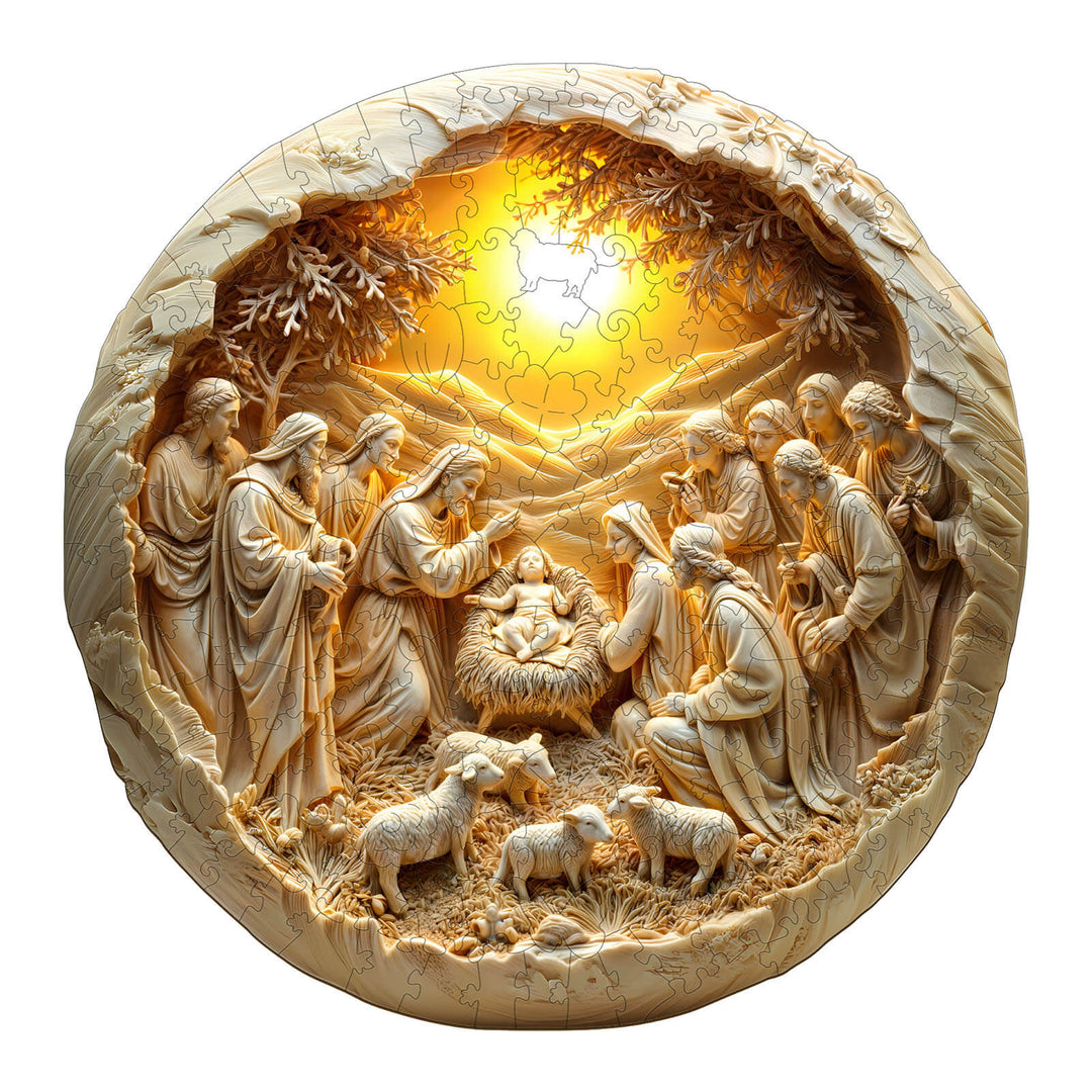 Savior comes wooden jigsaw puzzle featuring a nativity scene with warm light, designed to enhance focus and cognitive skills.
