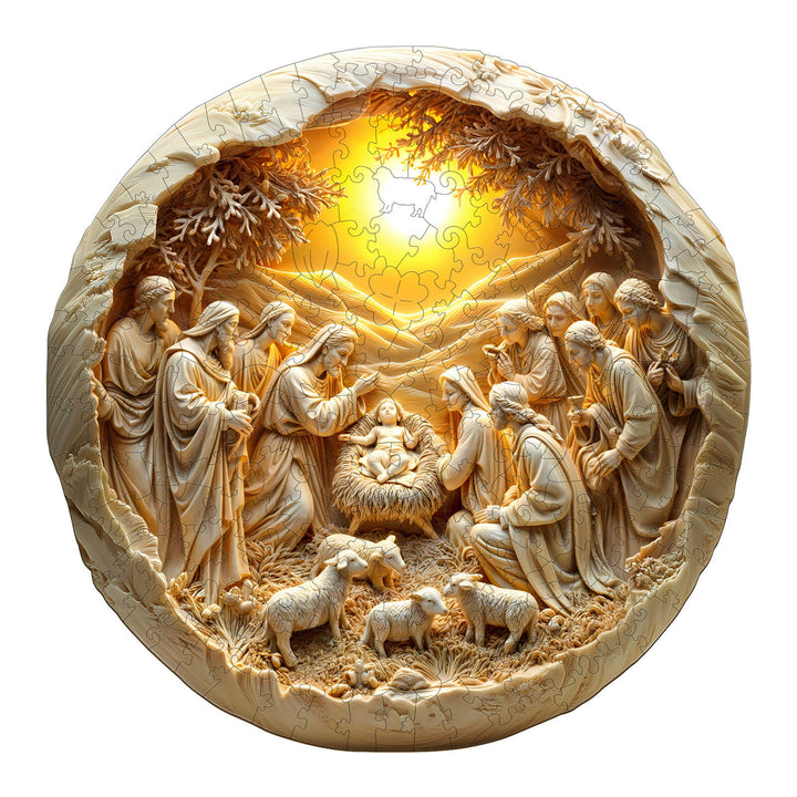 Savior comes wooden jigsaw puzzle featuring a nativity scene with warm light, designed to enhance focus and cognitive skills.