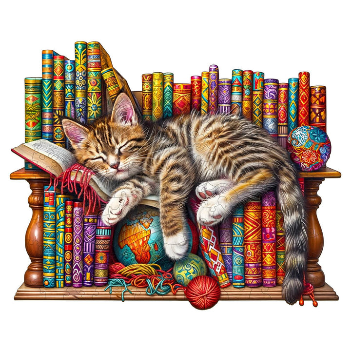 Colorful wooden jigsaw puzzle featuring a sleeping cat surrounded by vibrant books and decorative objects.
