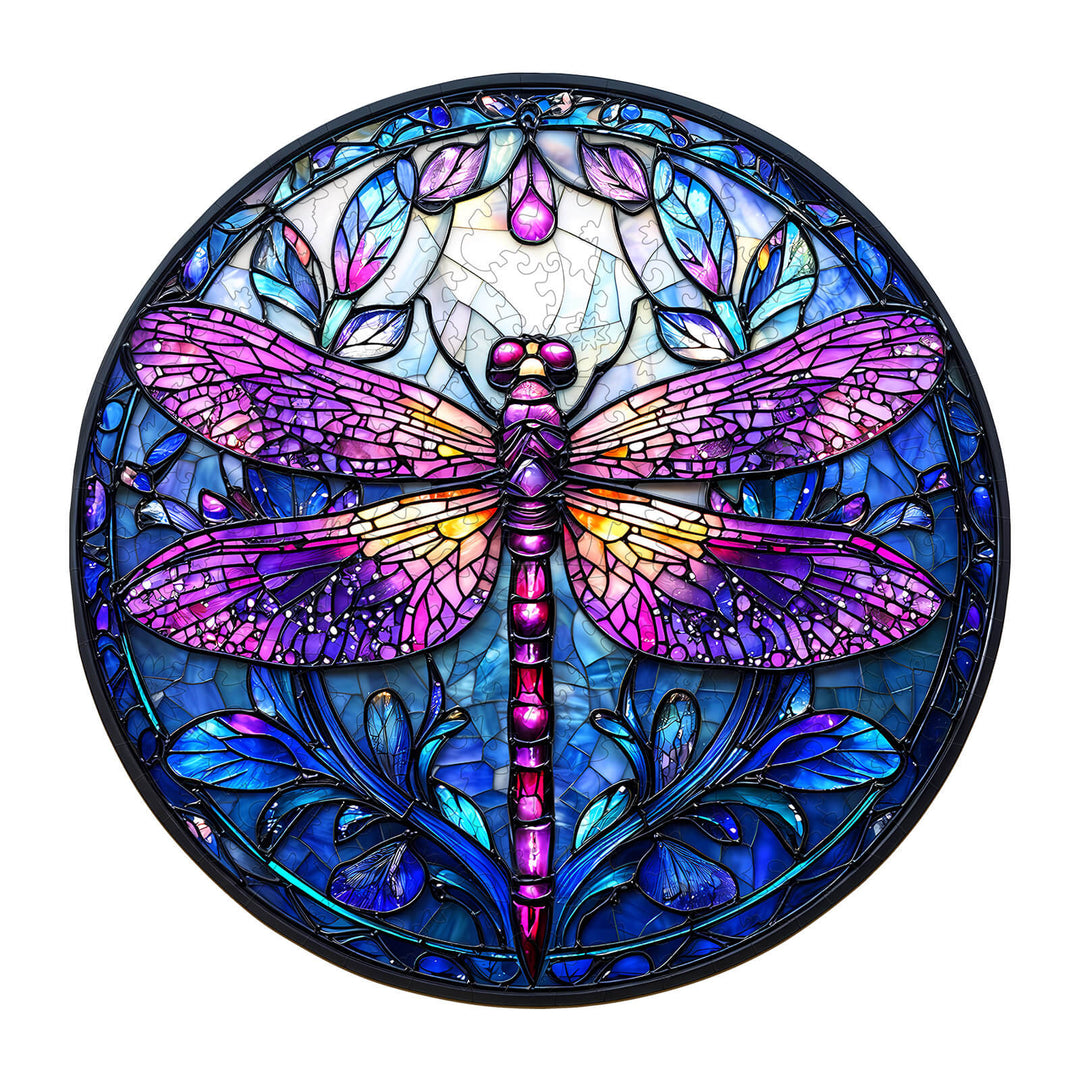 Colorful stained glass dragonfly design with intricate floral patterns, ideal for nature and art enthusiasts.