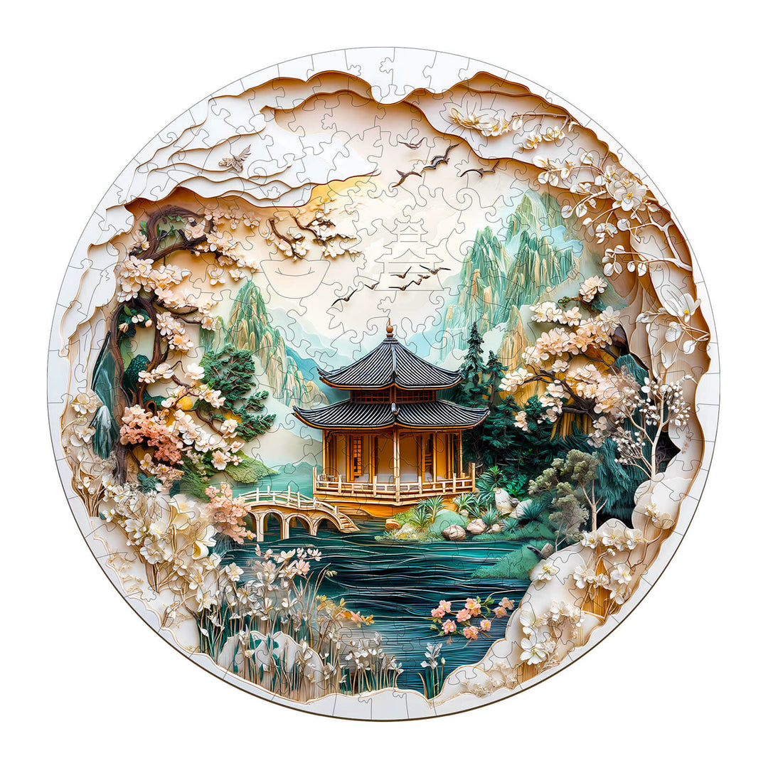 3D Chinese landscape painting wooden jigsaw puzzle featuring a serene pagoda and lush nature scene.