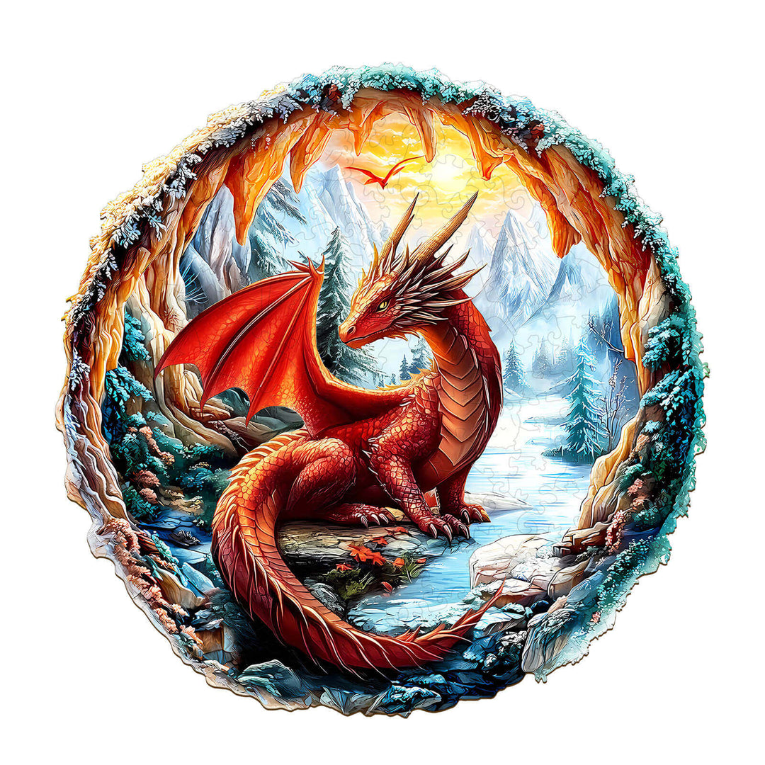 3D crimson dragon jigsaw puzzle in a frozen cave, featuring intricate details and glow-in-the-dark accents.