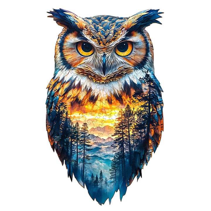 Forest Owl Wooden Jigsaw Puzzle featuring vibrant colors and a scenic forest backdrop, ideal for mind games and focus.