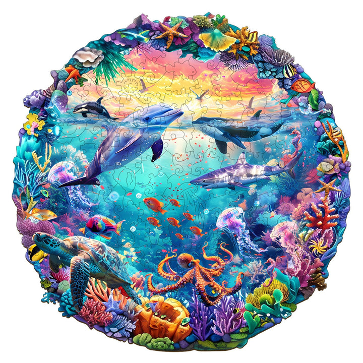 Sea World Wooden Jigsaw Puzzle featuring colorful marine life, vibrant corals, and playful dolphins for an engaging puzzle experience.