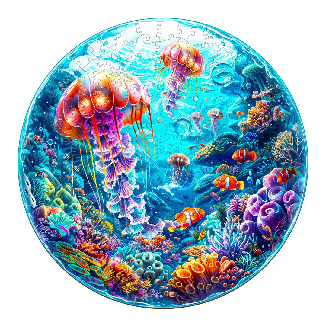 Spherical Ocean Wooden Jigsaw Puzzle featuring vibrant jellyfish and colorful fish in a stunning underwater scene.