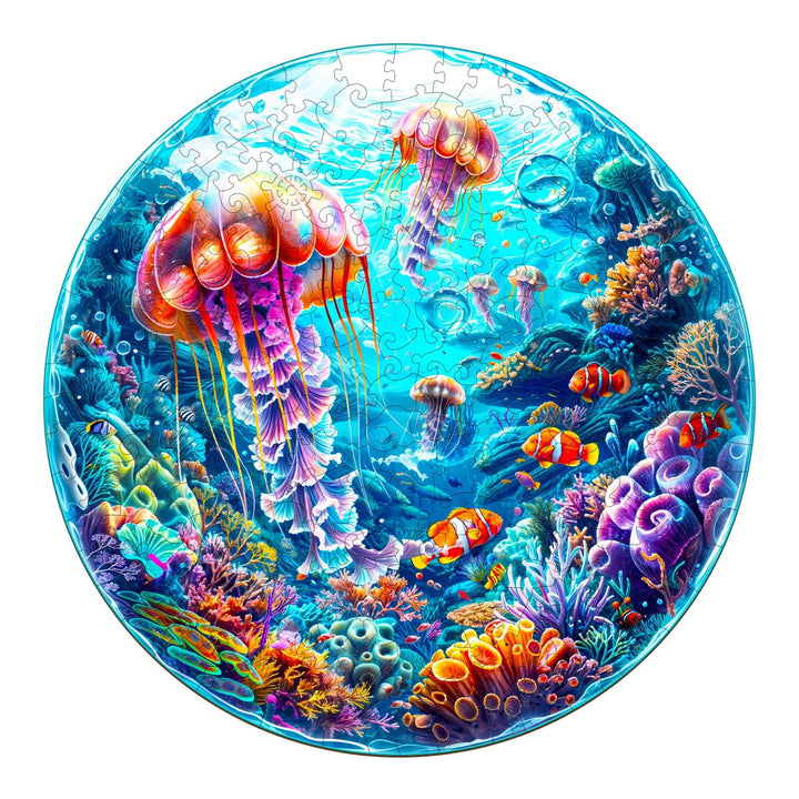 Spherical Ocean Wooden Jigsaw Puzzle featuring vibrant jellyfish and colorful fish in a stunning underwater scene.