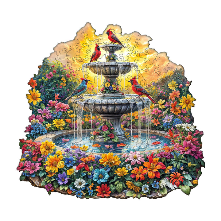 Songbird¡¯s Garden wooden jigsaw puzzle featuring vibrant flowers and birds around a beautiful fountain.